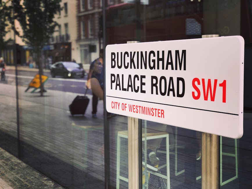 A rectangular white street sign with bold black and red text indicating 'BUCKINGHAM PALACE ROAD SW1' is mounted on two metal posts, positioned on a sidewalk near a glass window reflecting passing vehi